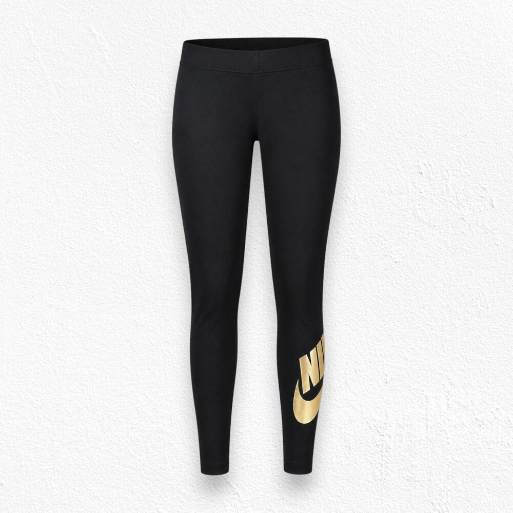 Nike Just Do It Black Metallic Gold Logo Elastic Waistband Leggings Size Small